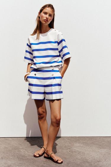 Zara 條紋鈕扣短褲 - 藍色 / 白色 - 圖片 0