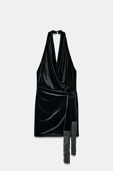 Zara SHORT FRINGED VELVET DRESS - Black