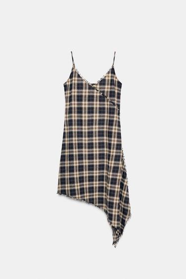 Zara 不對稱格紋洋裝 - 棕色-藍色 - 圖片 0