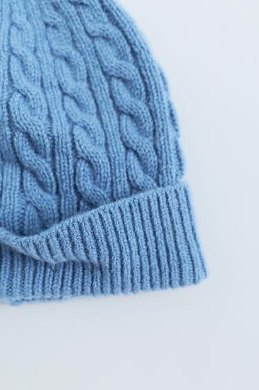 ZARA TIMELESS - 100% WOOL CABLE-KNIT BEANIE — Mid-blue 2
