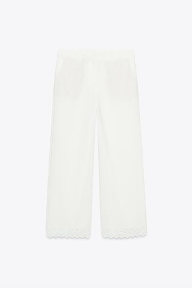 PANTALON AVEC RAMIE ET DENTELLE EN BAS - Blanc cassé de Zara