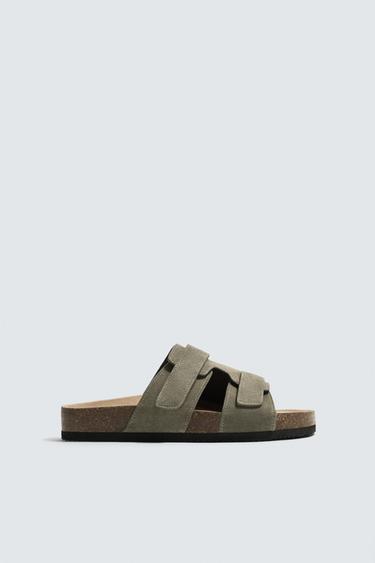 LEATHER STRAPPY SANDALS - Green by Zara