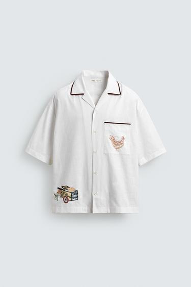 قميص RELAXED FIT بتطريز متباين - خَام الخاص بـ Zara