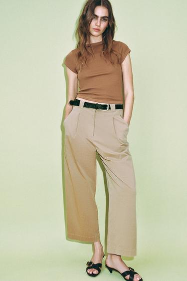 Zara RIBBED SHORT SLEEVE T-SHIRT - Dark tan