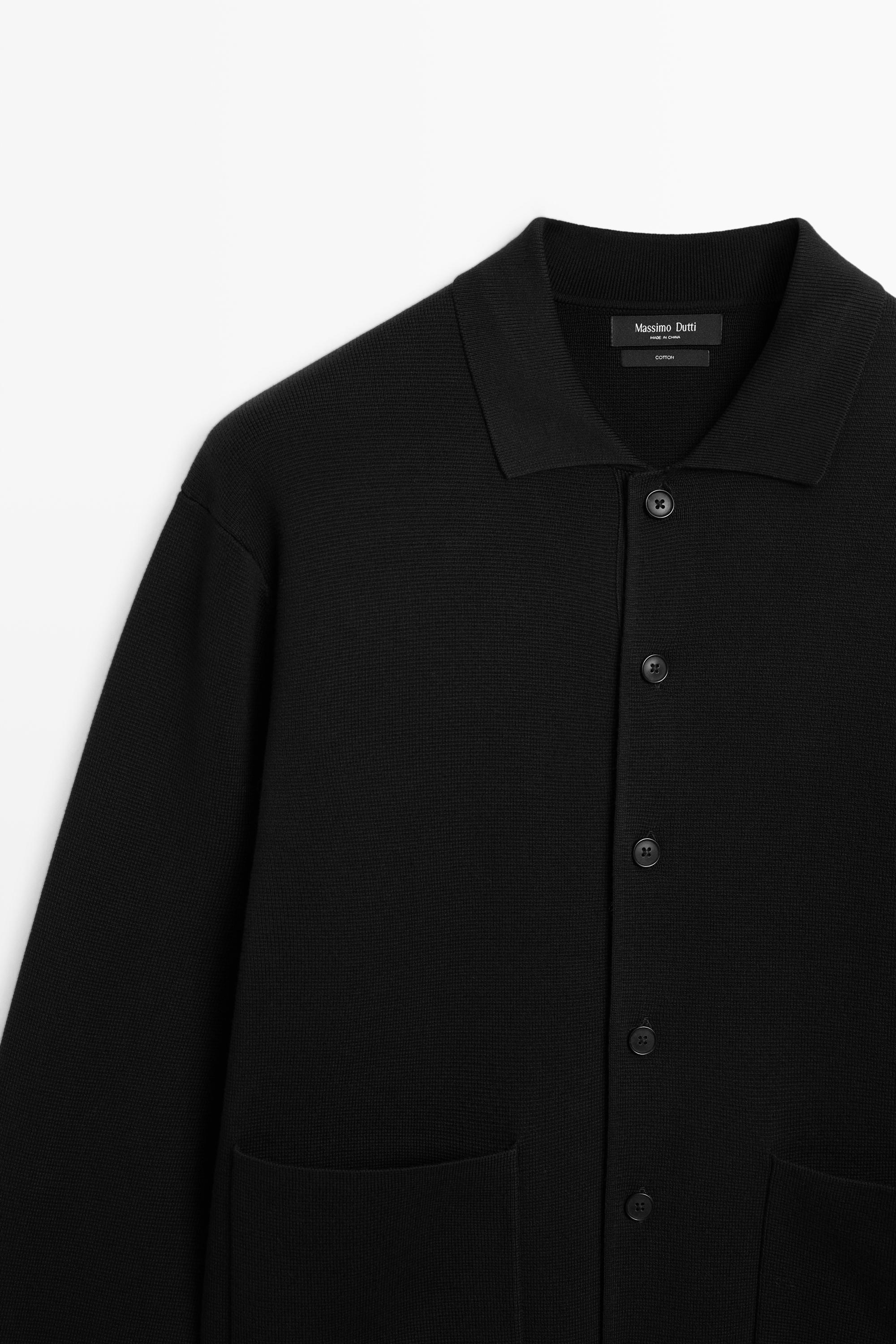 100% cotton knit polo collar cardigan — Black