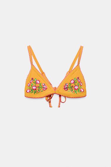 Zara 花卉刺繡比基尼上衣 - 黃色