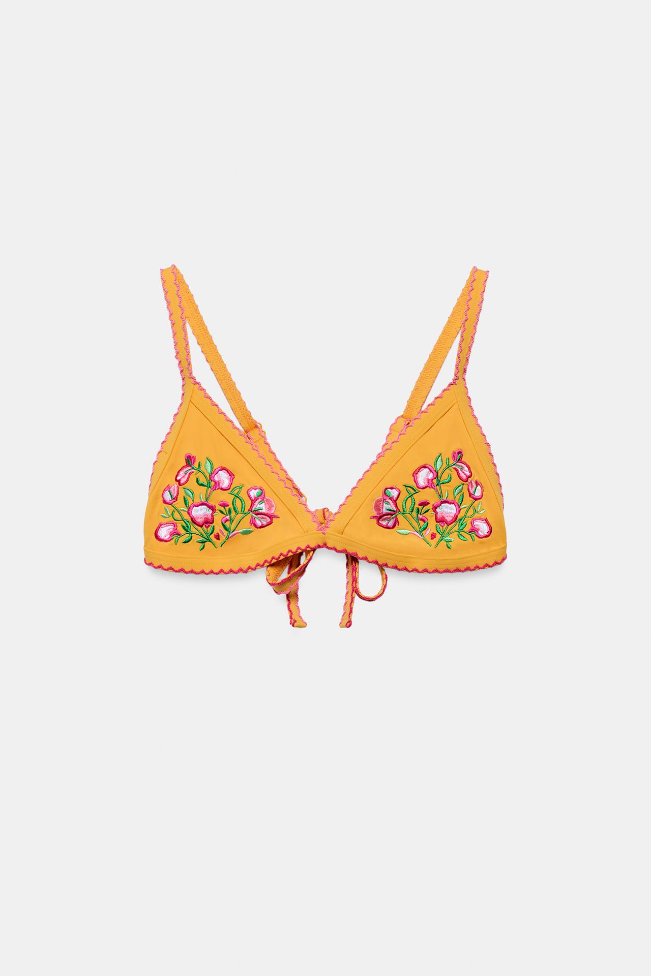 EMBROIDERED FLORAL BIKINI TOP — Yellow