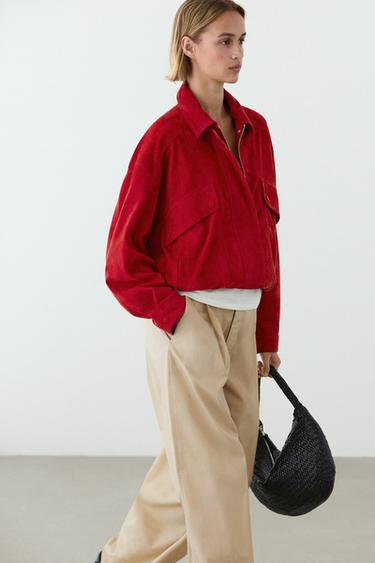 Zara Suede leather bomber jacket with pocket details - Red