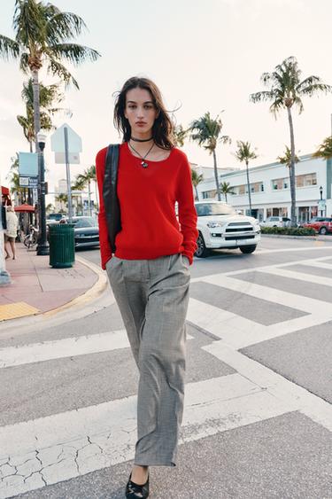 Zara 千鳥格紋寬管長褲 - 黑色 / 裸色