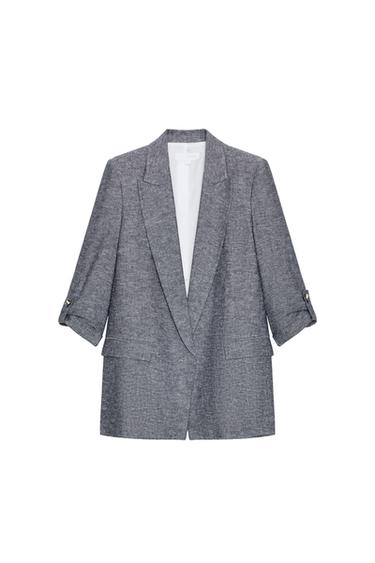 Zara LINEN BLAZER WITH ROLLED-UP SLEEVES - Indigo