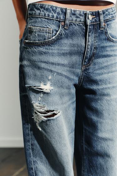 TRF ダメージ ミッドライズ ワイドレッグジーンズブルーZaraのTRF ダメージ ミッドライズ ワイドレッグジーンズ - ブルー