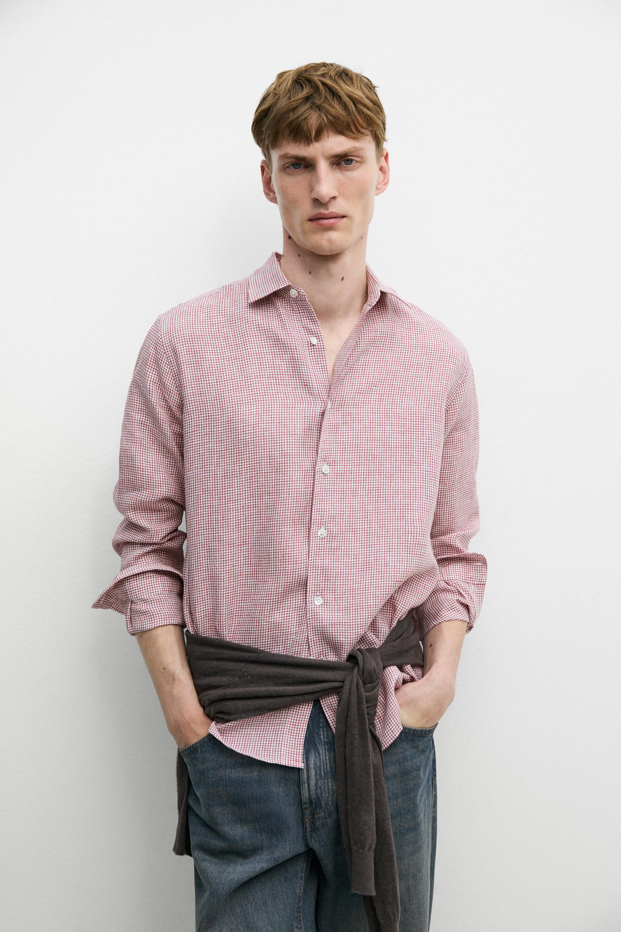 Chemise micro-carreaux regular fit 100 % lin