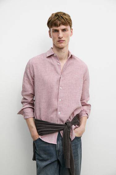 Camisa microcuadro regular fit 100% lino - Rojo fuerte de Zara