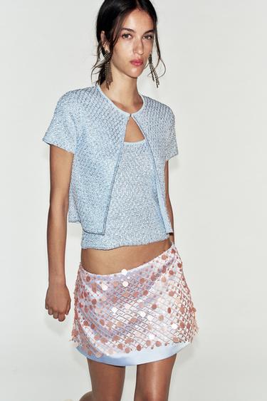 METALLIC THREAD KNIT SEQUIN TOP - Light blue by Zara
