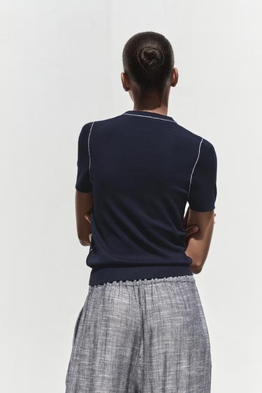SHORT SLEEVE KNIT JUMPER WITH CONTRAST TRIMS - Navy / White by Zara - Image 3