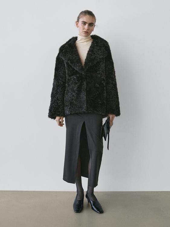 Sheepskin leather coat with lapel collar - STUDIO