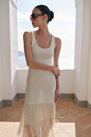 TEXTURED FRINGED DRESS - Ecru by Zara - Image 3