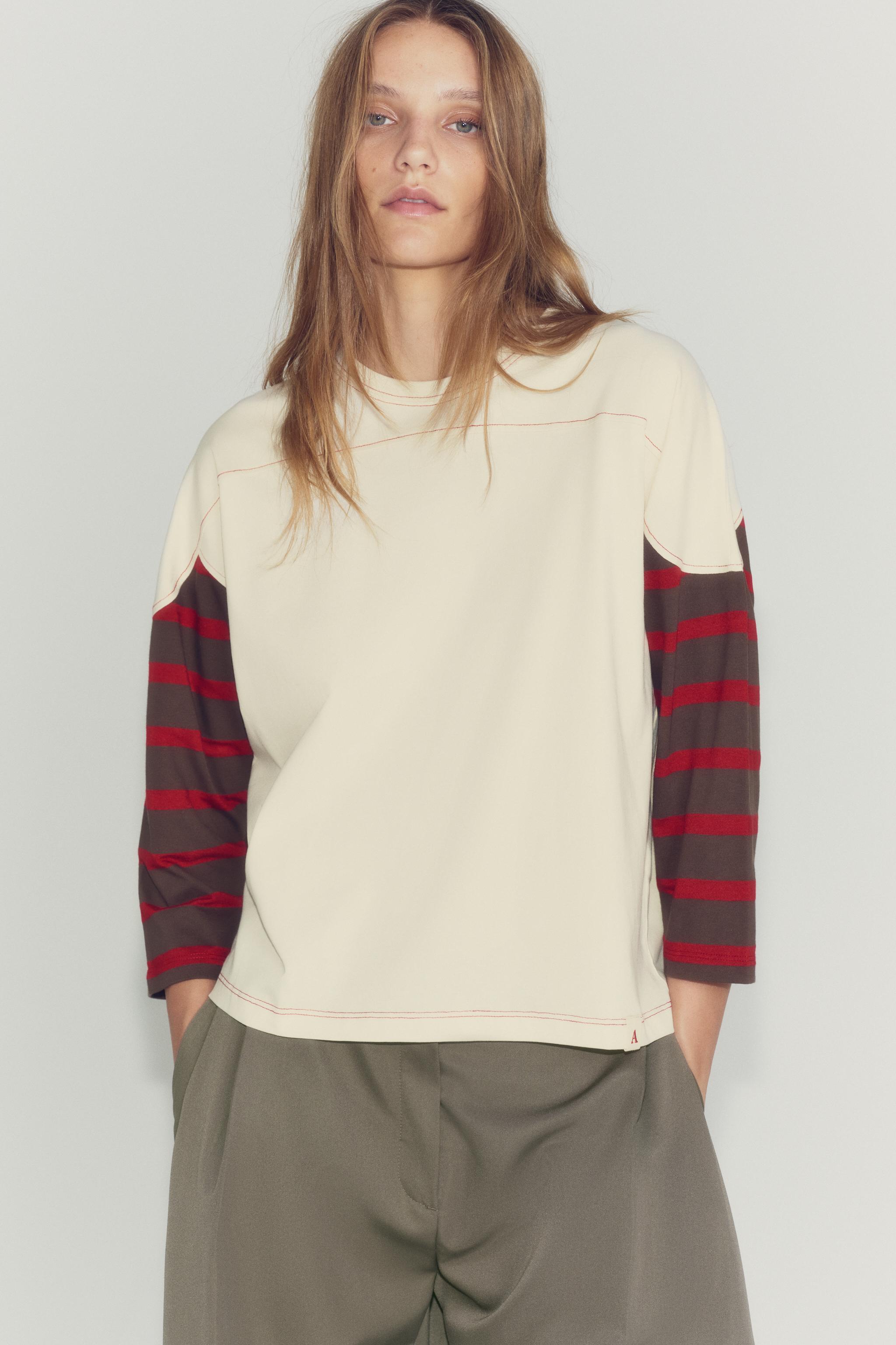 Женские футболки Zara CONTRAST SLEEVE STRIPED T-SHIRT — фото 2