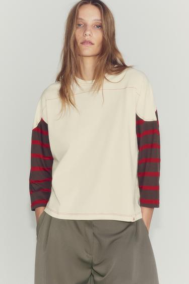 CONTRAST SLEEVE STRIPED T-SHIRT — Ecru 2