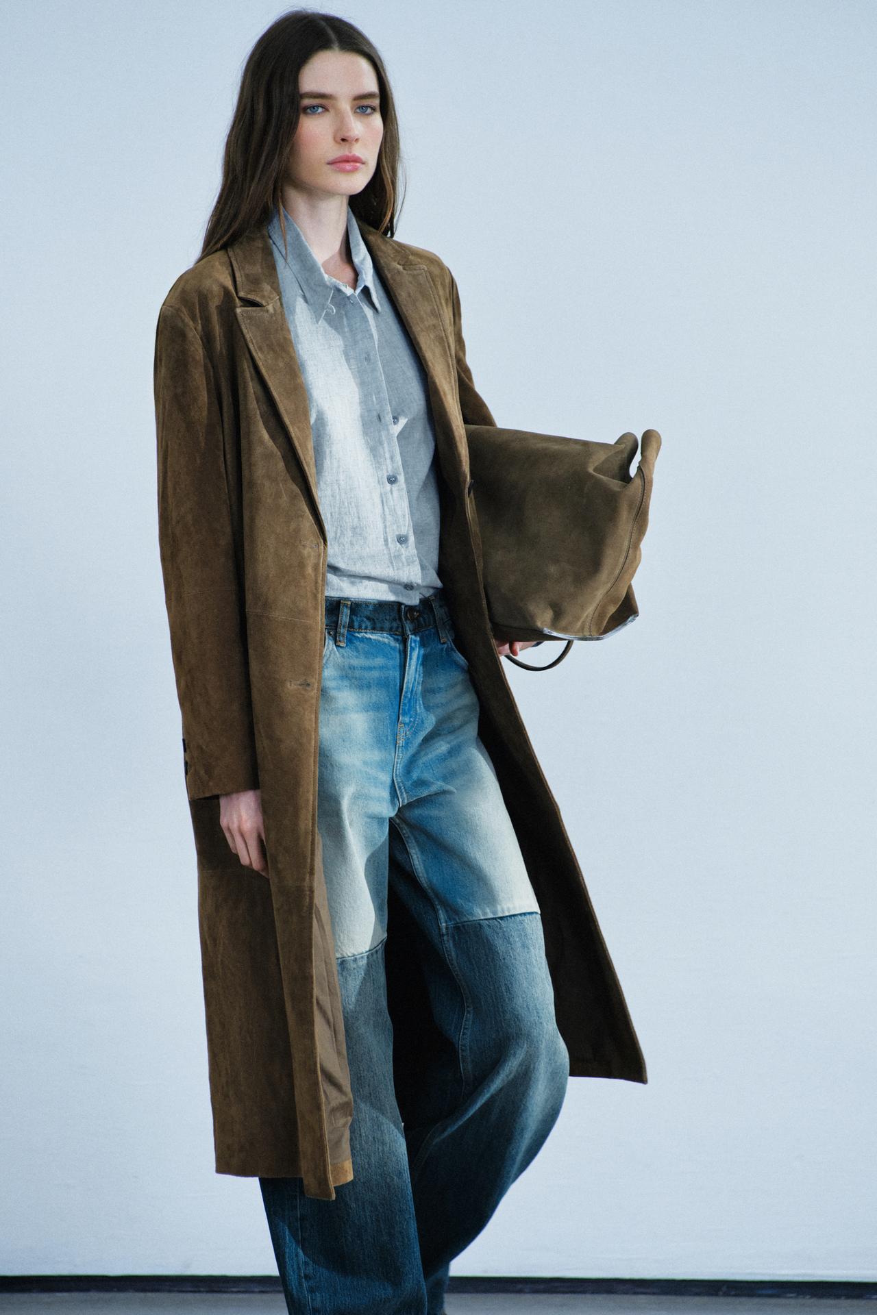 100% LEATHER LONG COAT ZW COLLECTION — Olive green