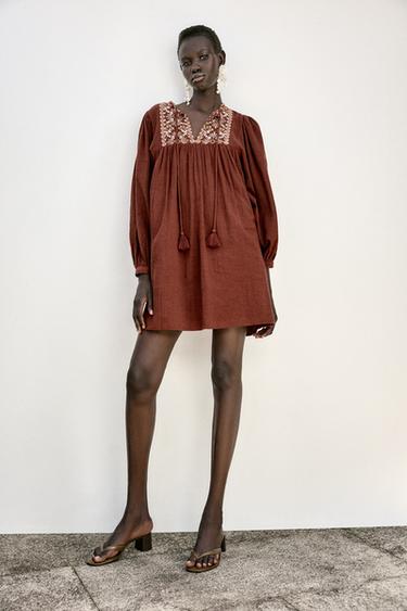 KURZES KLEID MIT STICKEREI - Terrakotta von Zara - Bild 0