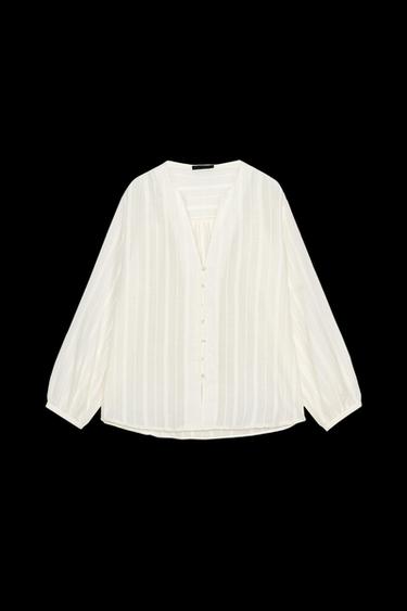 Zara RUSTIC STRIPED BLOUSE - Ecru - Image 0