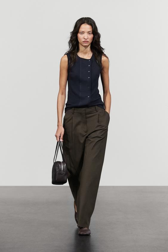 Zara Sleeveless suede cotton-blend knit top - Navy blue - Image 0