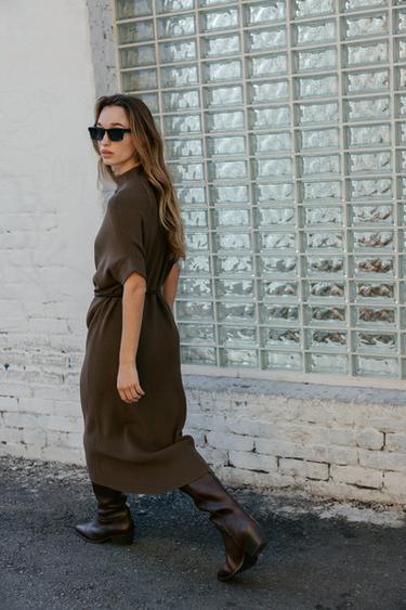 KNIT DRESS WITH BELT - Mink by Zara