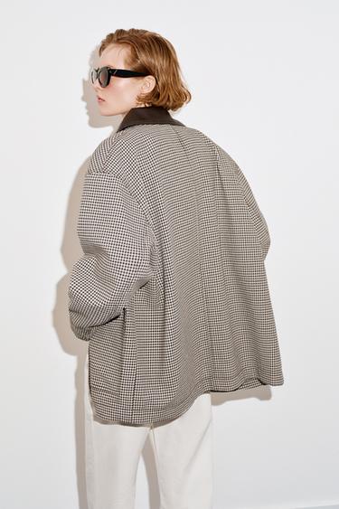 HOUNDSTOOTH JACKET WITH LEATHER EFFECT TRIMS - Black / Ecru by Zara - Image 3