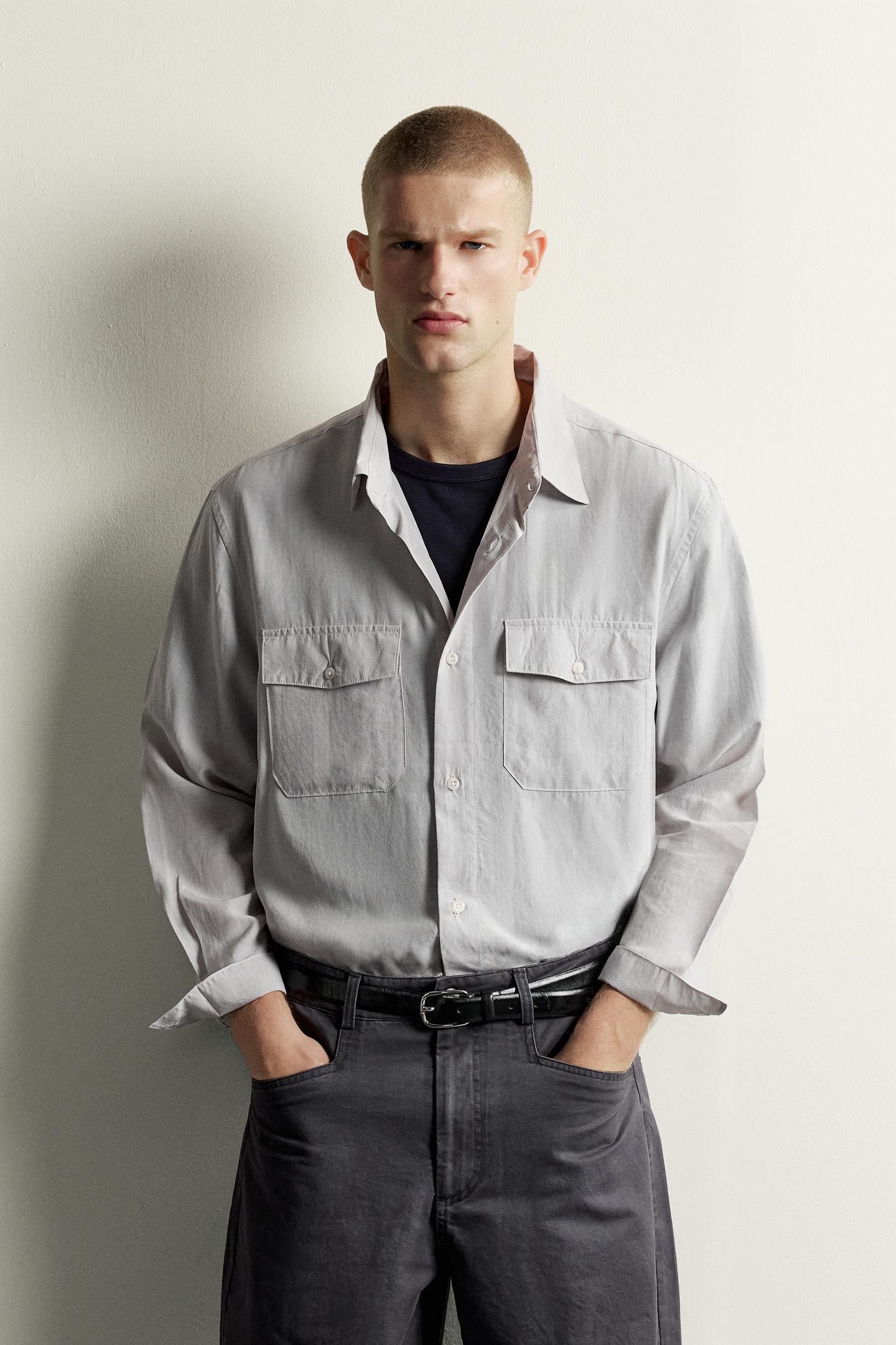 Мужская рубашка Zara Flowy Pocket, цвет: Серый — фото 2