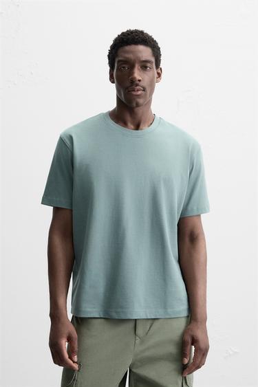 Zara MAJICA HEAVY WEIGHT KRATKIH RUKAVA – sivo plava