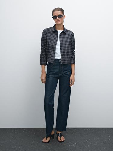 Zara Check overshirt with elastic detail - Blue - Image 0