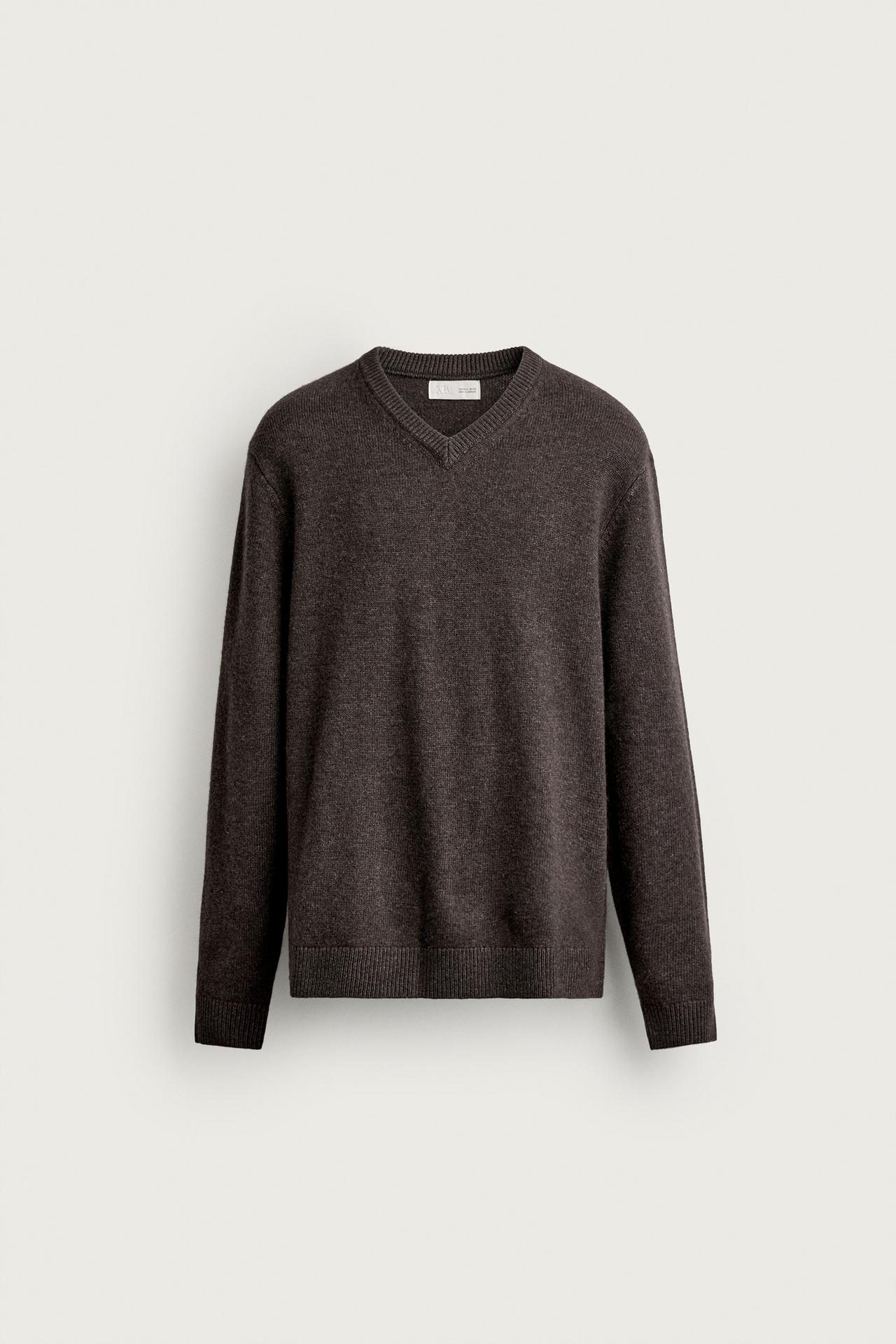 WOOL BLEND V-NECK SWEATER — Brown