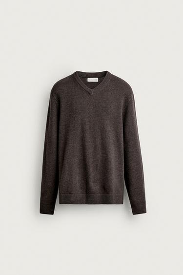 WOOL BLEND V-NECK SWEATER — Brown 1