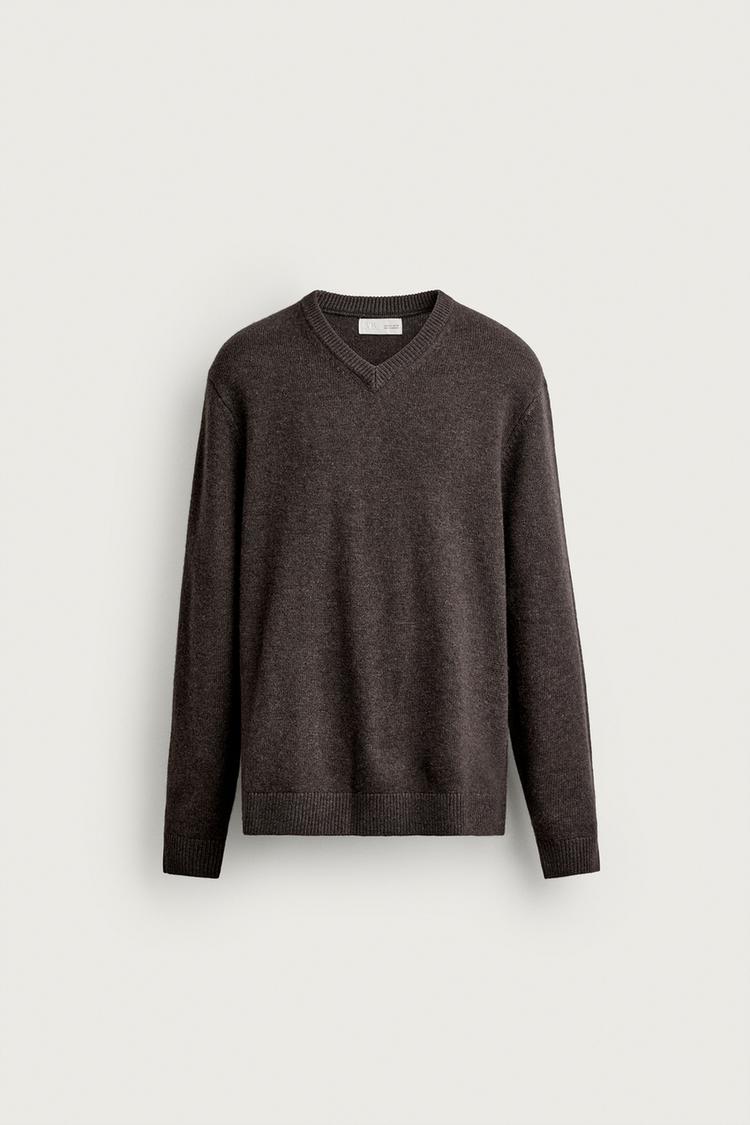 WOOL BLEND V-NECK SWEATER — Brown