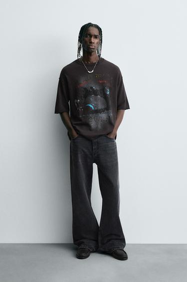 T-SHIRT EN MAILLES IMPRIMÉ DÉLAVÉ - Noir de Zara