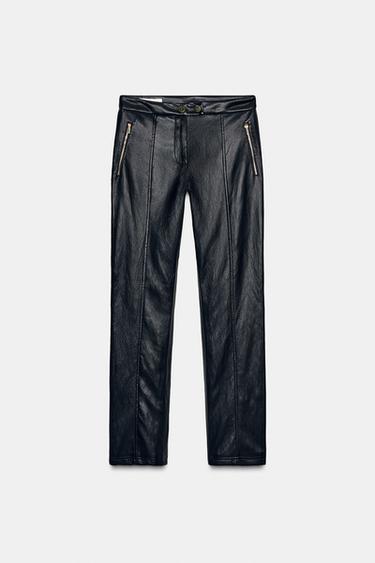 Zara FAUX LEATHER FLARE PANTS - Black