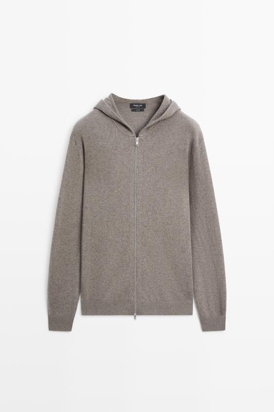 Zara 100% cashmere knit cardigan with hood - Dark khaki - Image 0