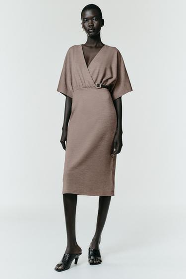 VESTIDO MIDI PIQUÉ CINTURÓN - Marrón claro de Zara - Imagen 0