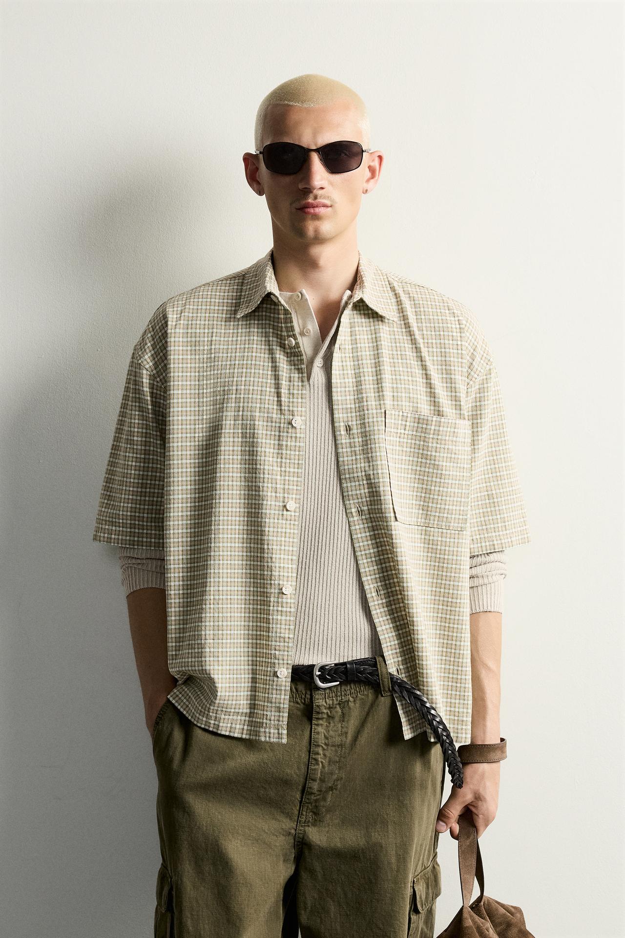 BOXY FIT PLAID SHIRT — Green / Ecru