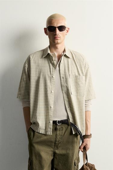 BOXY FIT PLAID SHIRT — Green / Ecru 2