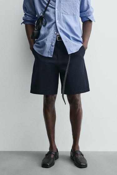 Zara RELAXED FIT TEXTURED SHORTS - Navy blue