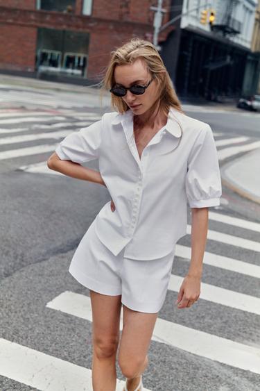 Zara 珍珠裝飾府綢襯衫 - 白色