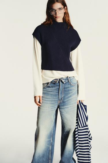 Zara RIBBED KNIT VEST - Navy blue