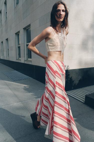 Zara STRIPED ASYMMETRIC SKIRT ZW COLLECTION - Red / White