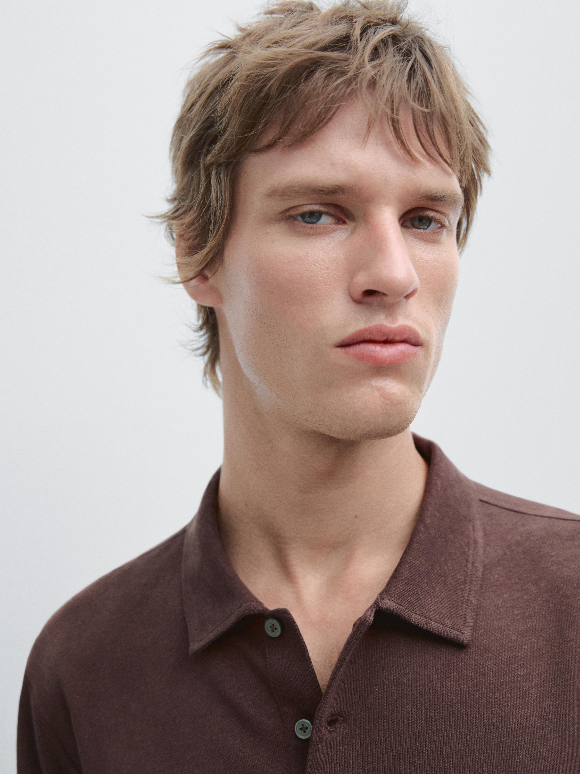 Linen and cotton short sleeve polo shirt