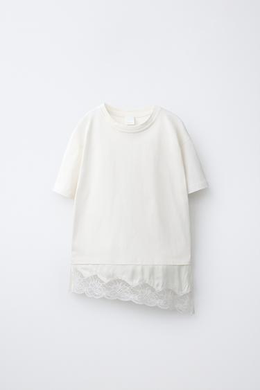 Zara LACE COMBINATION T-SHIRT - Ecru
