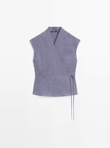 Chaleco cruzado 100% lino - Azul de Zara