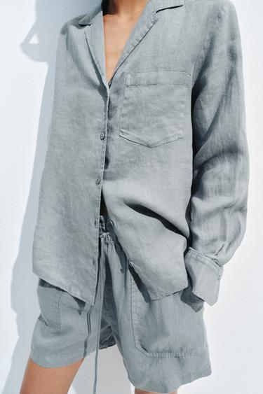 Zara ZW COLLECTION LINEN POCKET SHIRT - Blue / Green