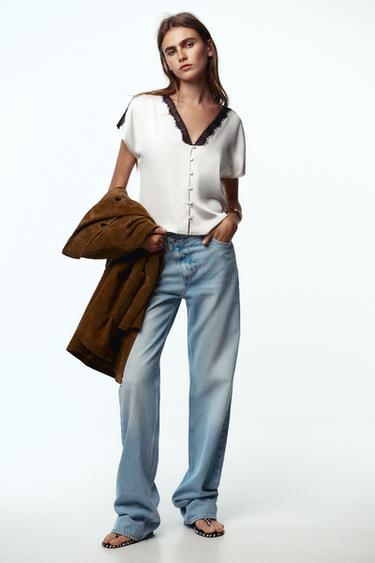 CONTRAST LACE SATIN BLOUSE - Ecru by Zara